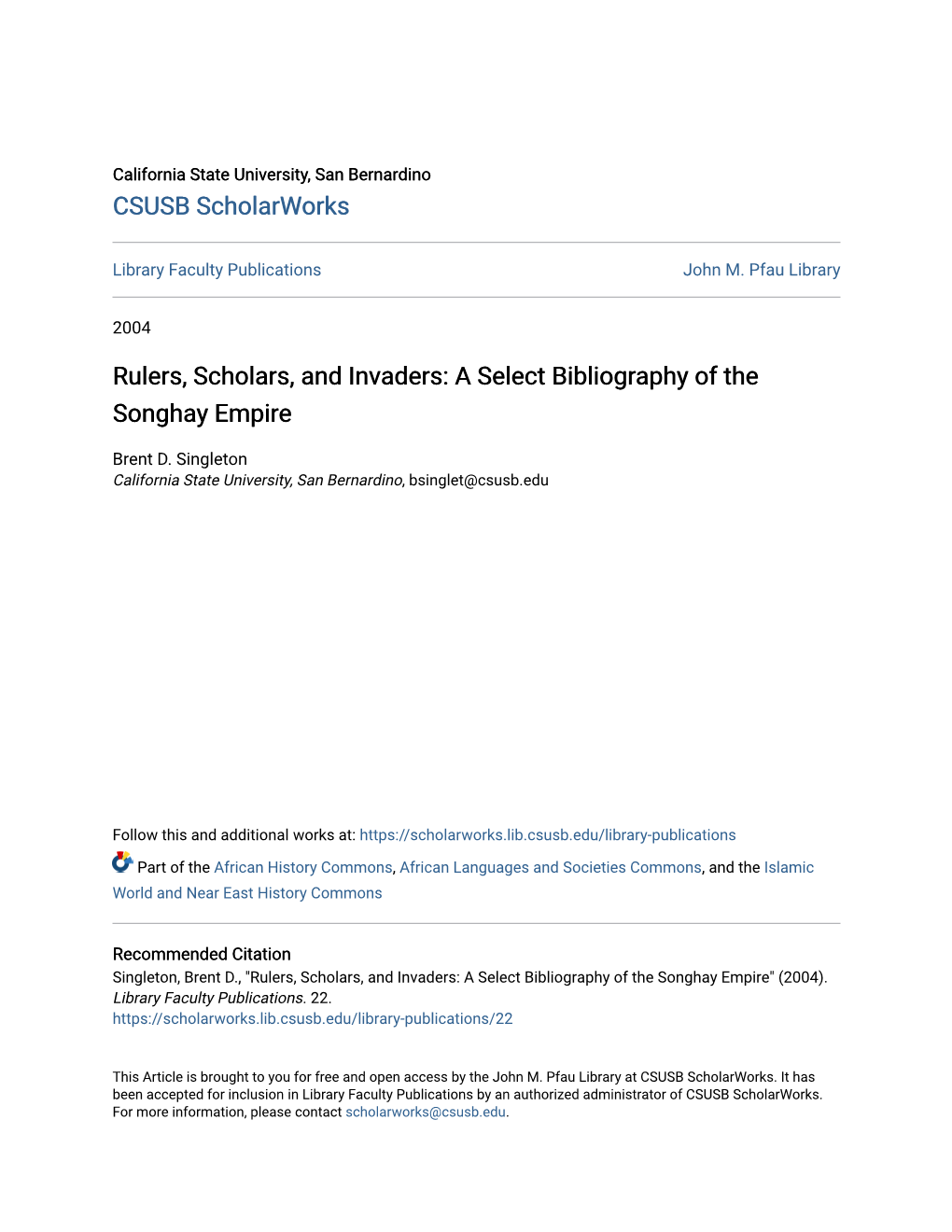 A Select Bibliography of the Songhay Empire