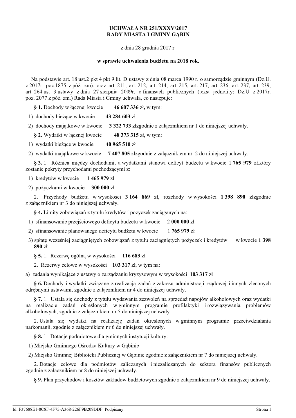 Uchwala Nr 251/XXXV/2017 Z Dnia 28 Grudnia 2017 R