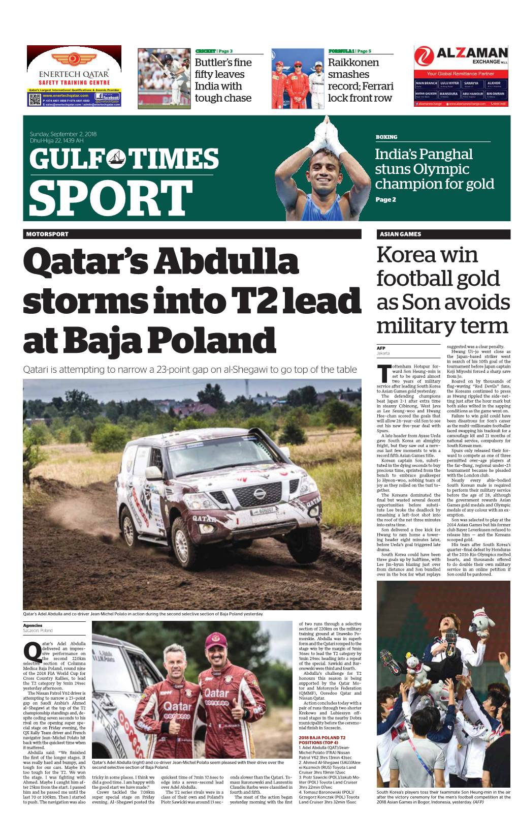 GULF TIMES Stuns Olympic Champion for Gold SPORT Page 2 MOTORSPORT ASIAN GAMES Korea Win Qatar’S Abdulla Football Gold Storms Into T2 Lead As Son Avoids Military Term