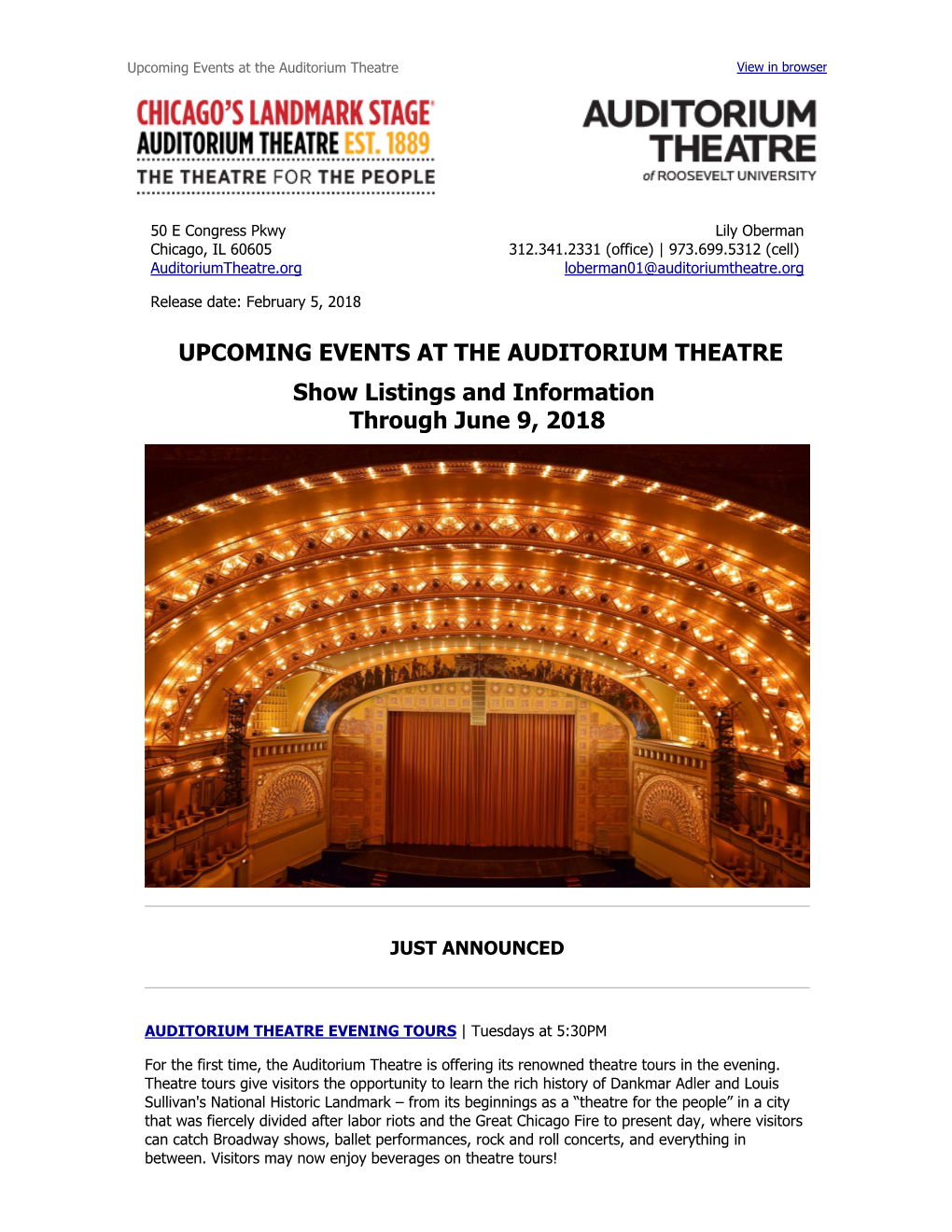 UPCOMING EVENTS at the AUDITORIUM THEATRE Show Listings and Information Through June 9, 2018