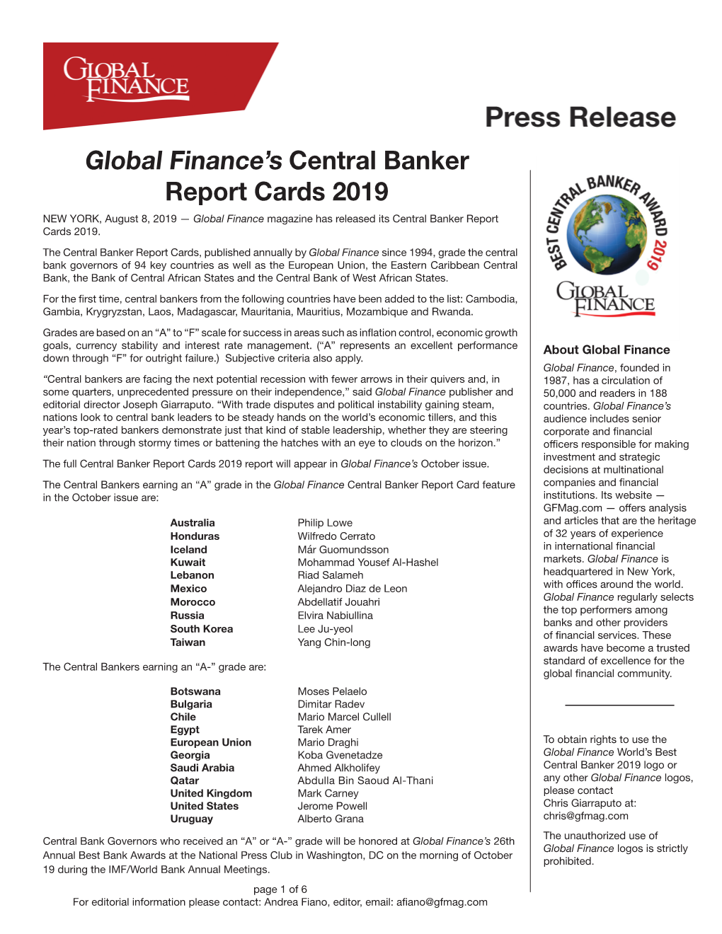 Global Finance's Central Banker Report Cards 2019