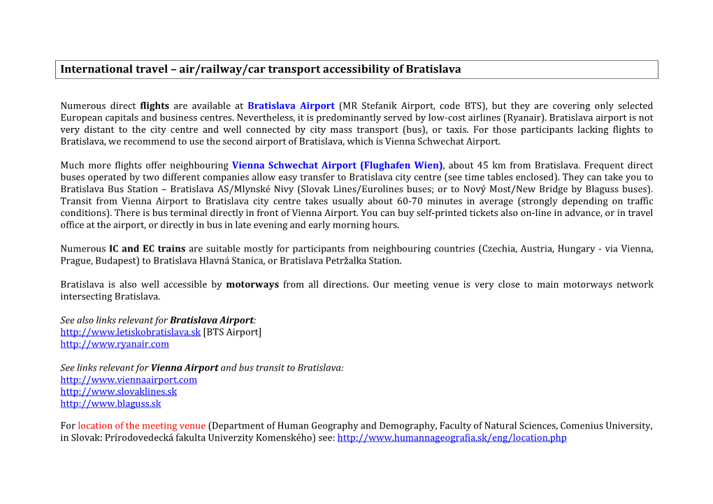 International Travel – Air/Railway/Car Transport Accessibility of Bratislava