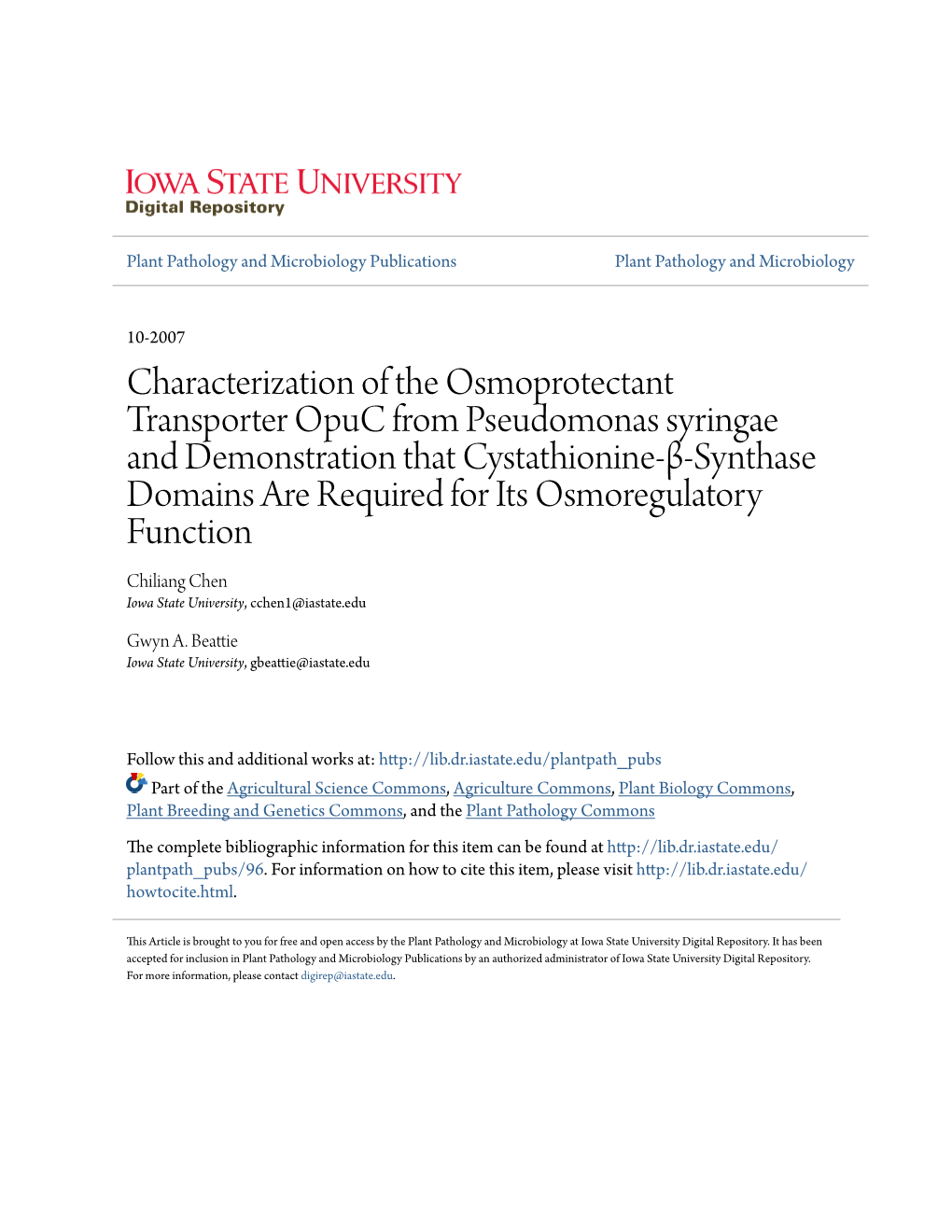 Characterization of the Osmoprotectant Transporter Opuc