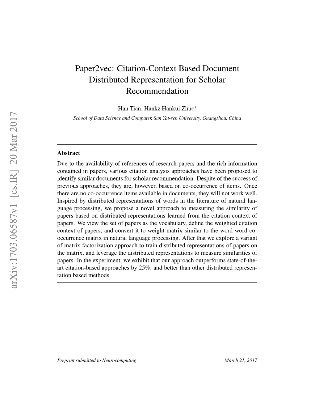 Paper2vec: Citation-Context Based Document Distributed Representation for Scholar Recommendation