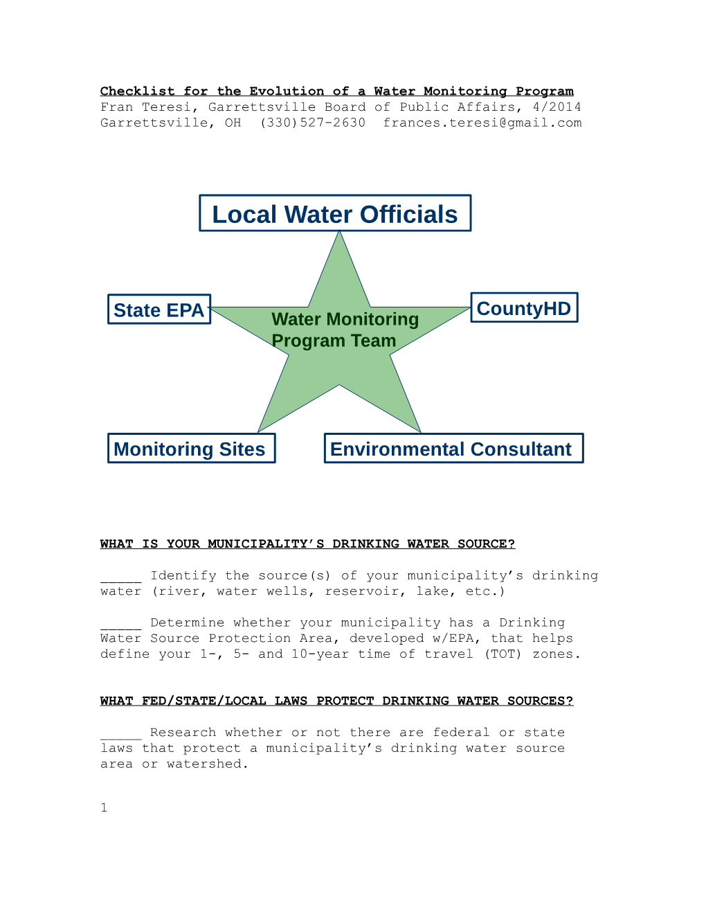 Checklist for the Evolution of a Water Monitoring Program