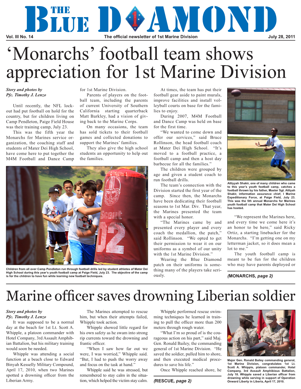 'Monarchs' Football Team Shows Appreciation for 1St Marine Division