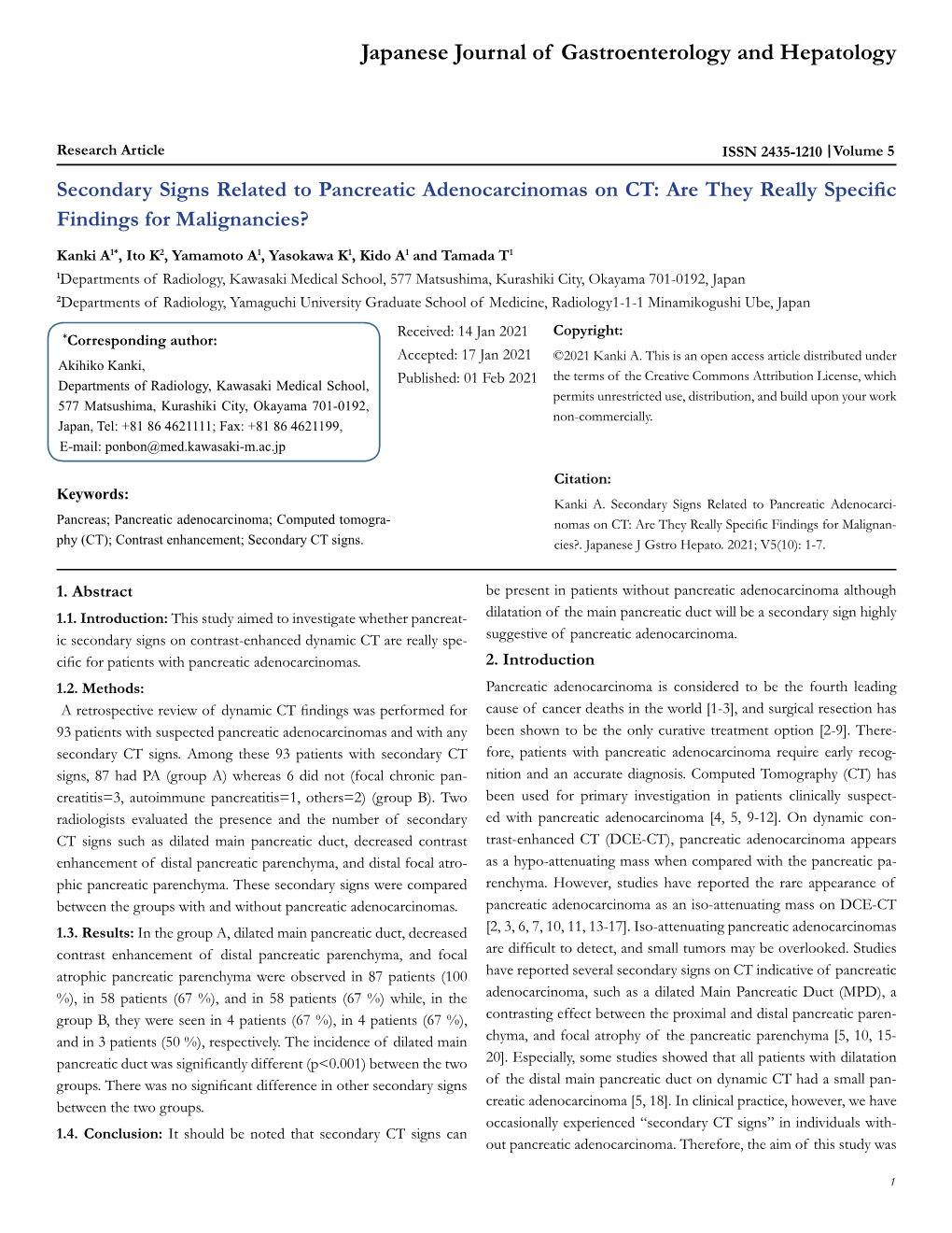 Secondary Signs Related to Pancreatic Adenocarcinomas on CT: Are They Really Specific Findings for Malignancies?