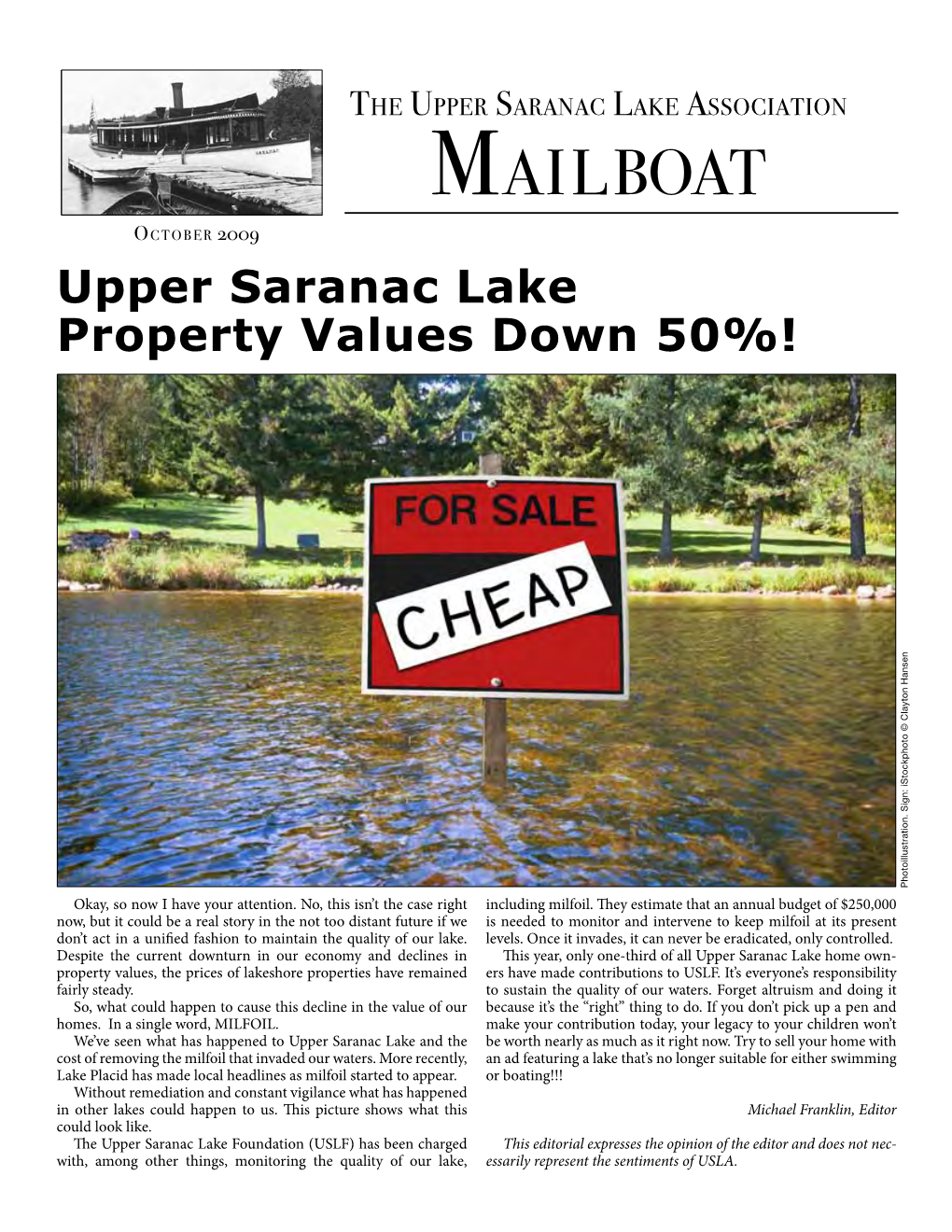 Mailboat October 2009 Upper Saranac Lake Property Values Down 50%! Photoillustration