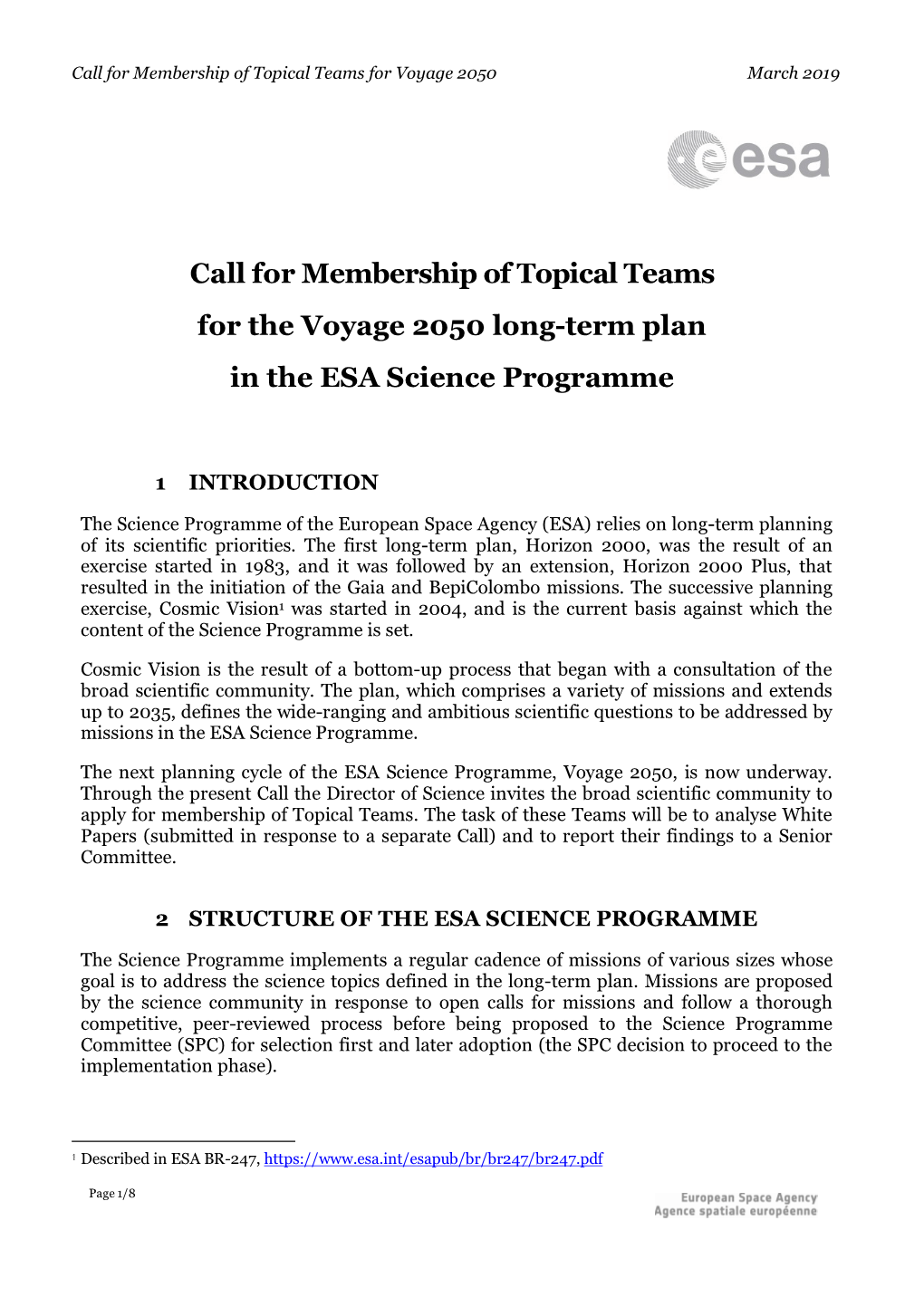 Call for Membership of Topical Teams for the Voyage 2050 Long-Term Plan in the ESA Science Programme