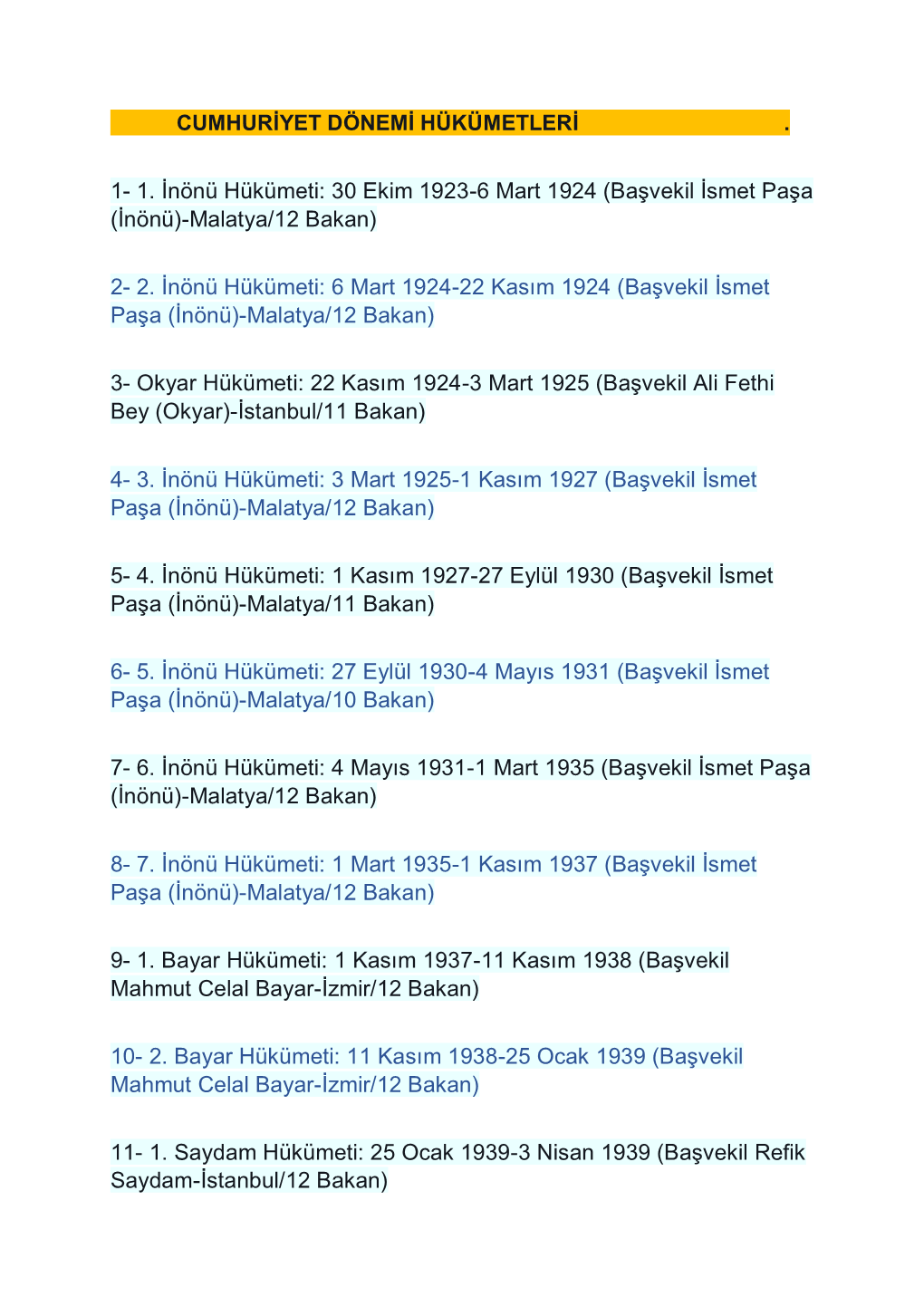 1. İnönü Hükümeti: 30 Ekim 1923-6 Mart 1924 (Başvekil İsmet Paşa (İnönü)-Malatya/12 Bakan)