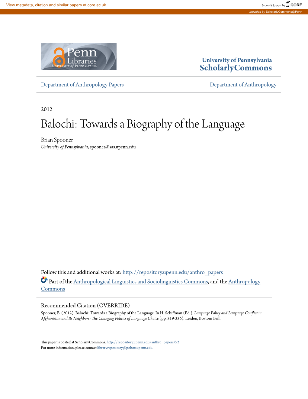 Balochi: Towards a Biography of the Language Brian Spooner University of Pennsylvania, Spooner@Sas.Upenn.Edu