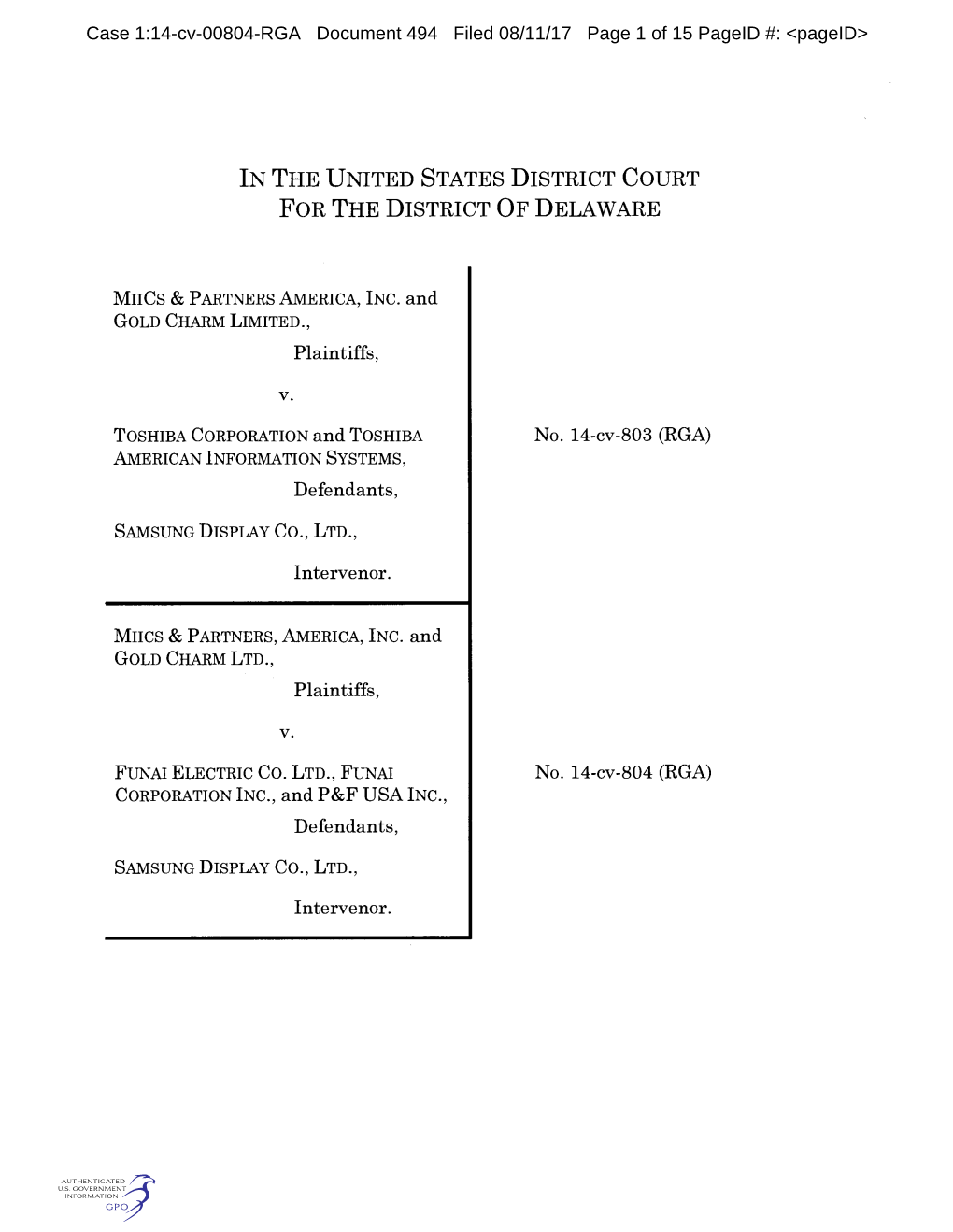 Case 1:14-Cv-00804-RGA Document 494 Filed 08/11/17 Page 1 of 15