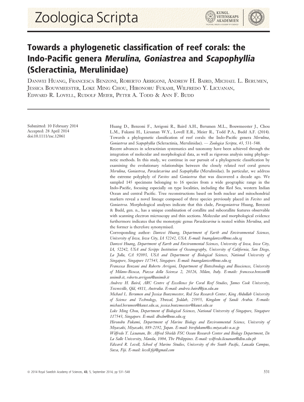 Towards a Phylogenetic Classification of Reef Corals