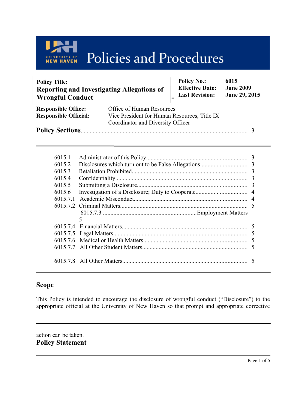 University of New Haven Policy No.: 6015, Rev.: 10/9/15 (Whistleblower)