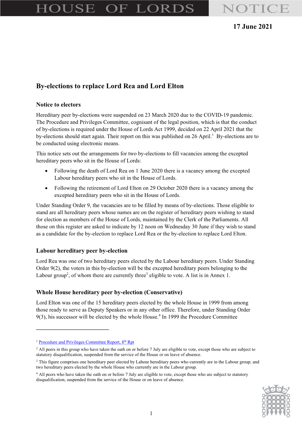By-Elections to Replace Lord Rea and Lord Elton: Notice to Electors