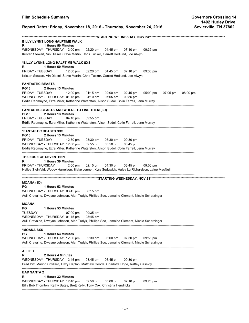 Film Schedule Summary Governors Crossing 14 1402 Hurley Drive Report Dates: Friday, November 18, 2016 - Thursday, November 24, 2016 Sevierville, TN 37862