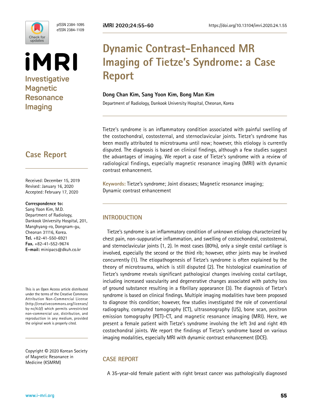 Dynamic Contrast-Enhanced MR Imaging of Tietze's Syndrome