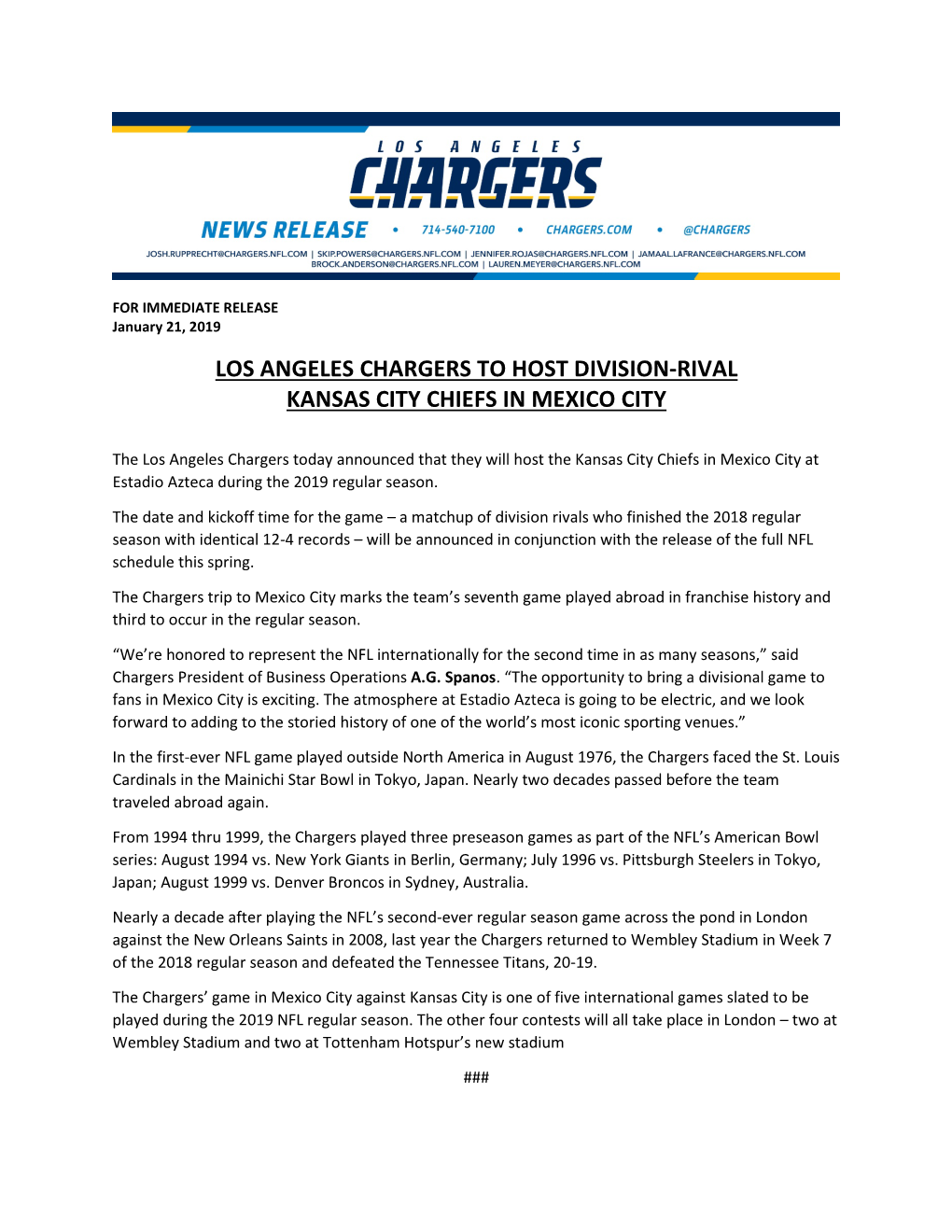 Los Angeles Chargers to Host Division-Rival Kansas City Chiefs in Mexico City