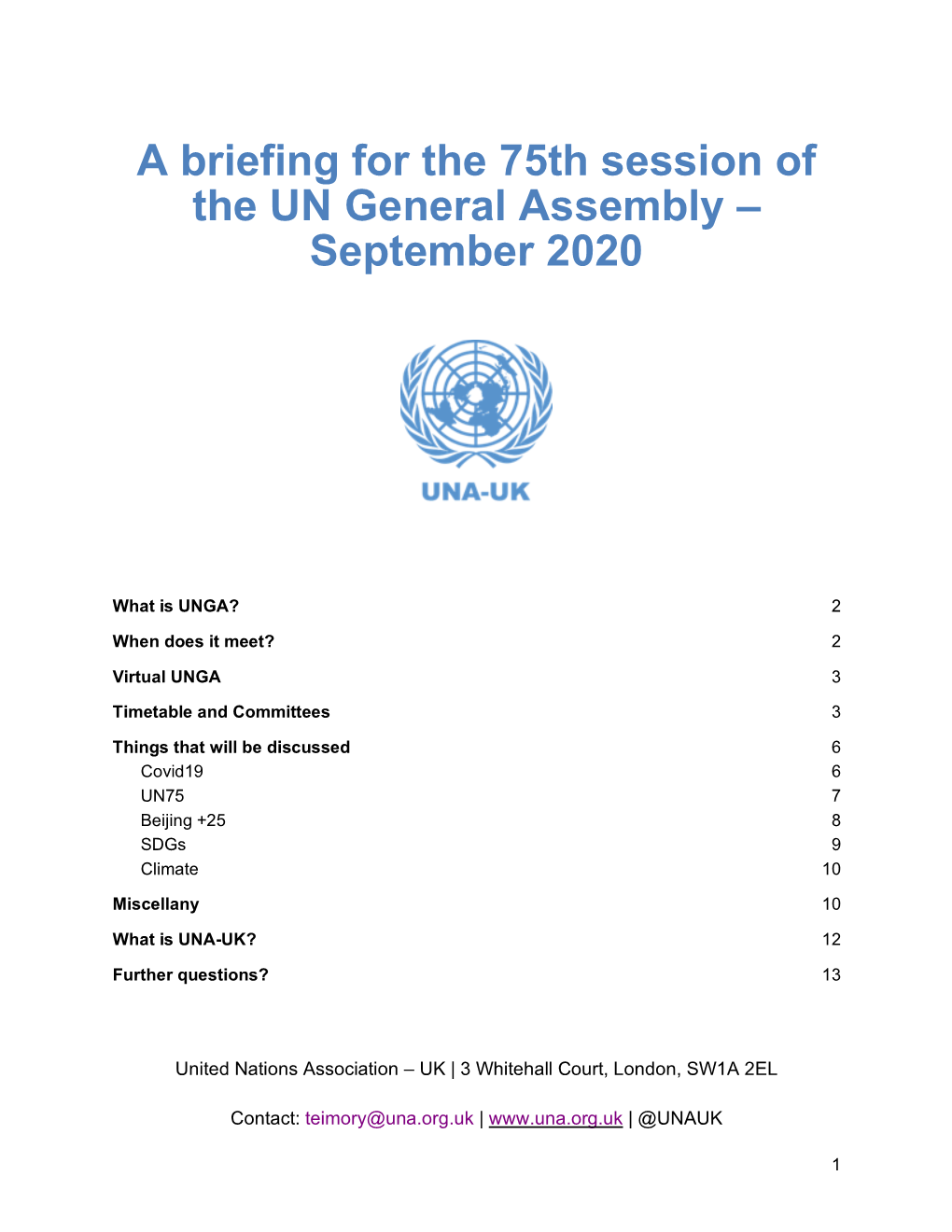 A Briefing for the 75Th Session of the UN General Assembly – September 2020