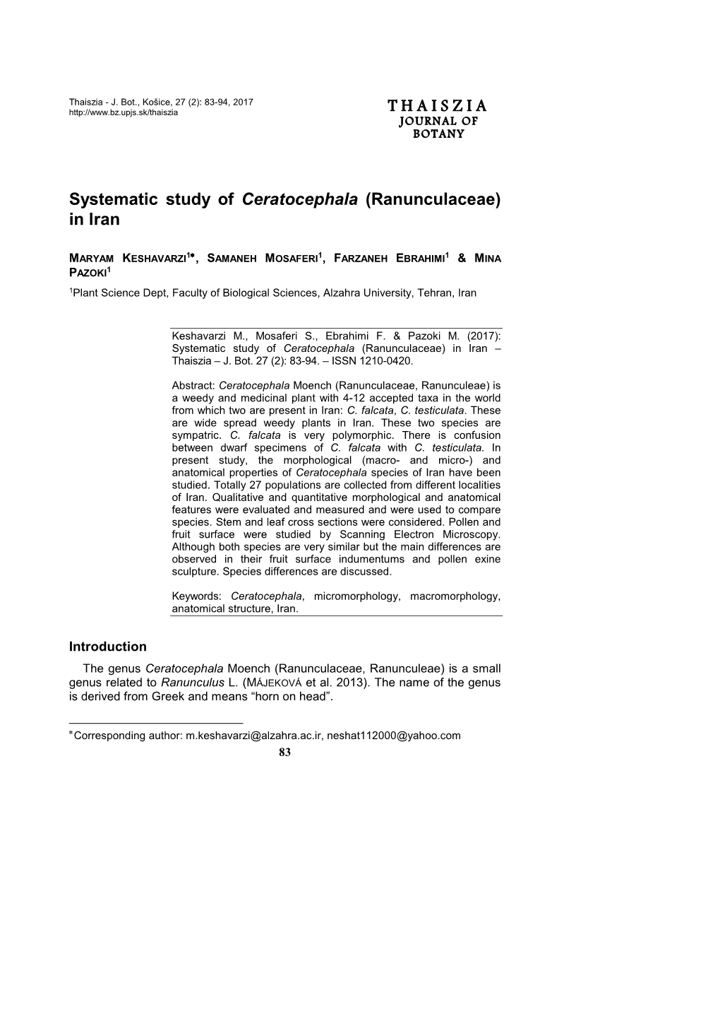 T H a I S Z I a Systematic Study of Ceratocephala (Ranunculaceae) In