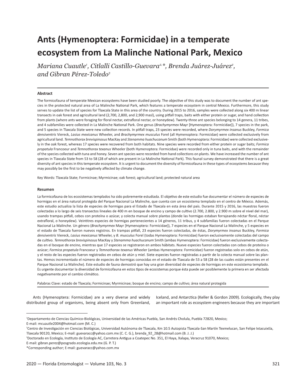 Ants (Hymenoptera: Formicidae) in a Temperate Ecosystem from La Malinche National Park, Mexico