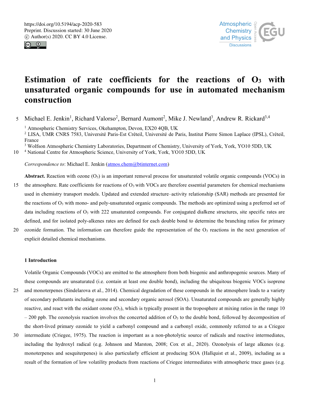 Estimation of Rate Coefficients for the Reactions of O3 with Unsaturated Organic Compounds for Use in Automated Mechanism Construction