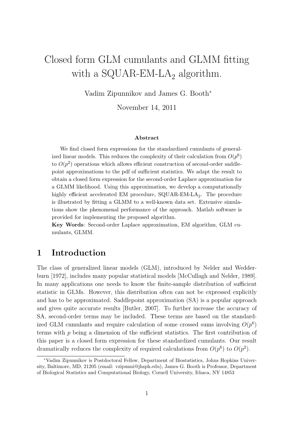 Closed Form GLM Cumulants and GLMM Fitting with a SQUAR-EM-LA