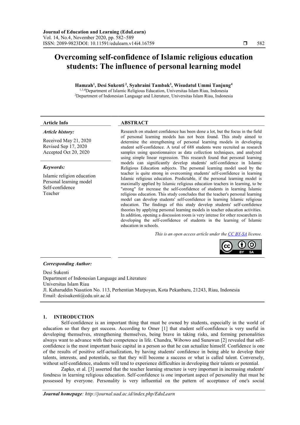 Overcoming Self-Confidence of Islamic Religious Education Students: the Influence of Personal Learning Model