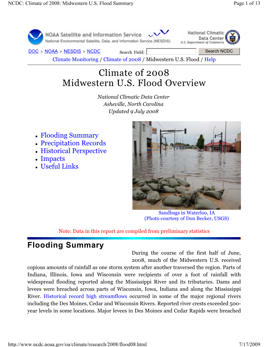National Climatic Data Center, 2008, Climate of 2008 Midwestern U.S. Flood Overview, July 9 (Accessed May 8, 2009)