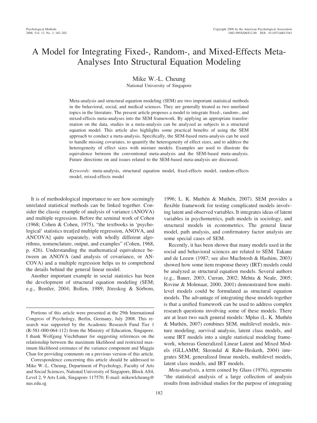 A Model for Integrating Fixed-, Random-, and Mixed-Effects Meta- Analyses Into Structural Equation Modeling