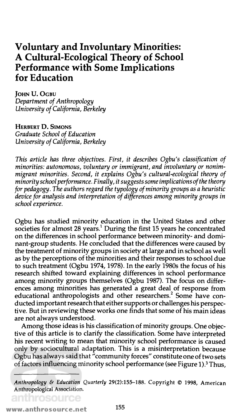 Voluntary and Involuntary Minorities: a Cultural-Ecological Theory of School Performance with Some Implications for Education