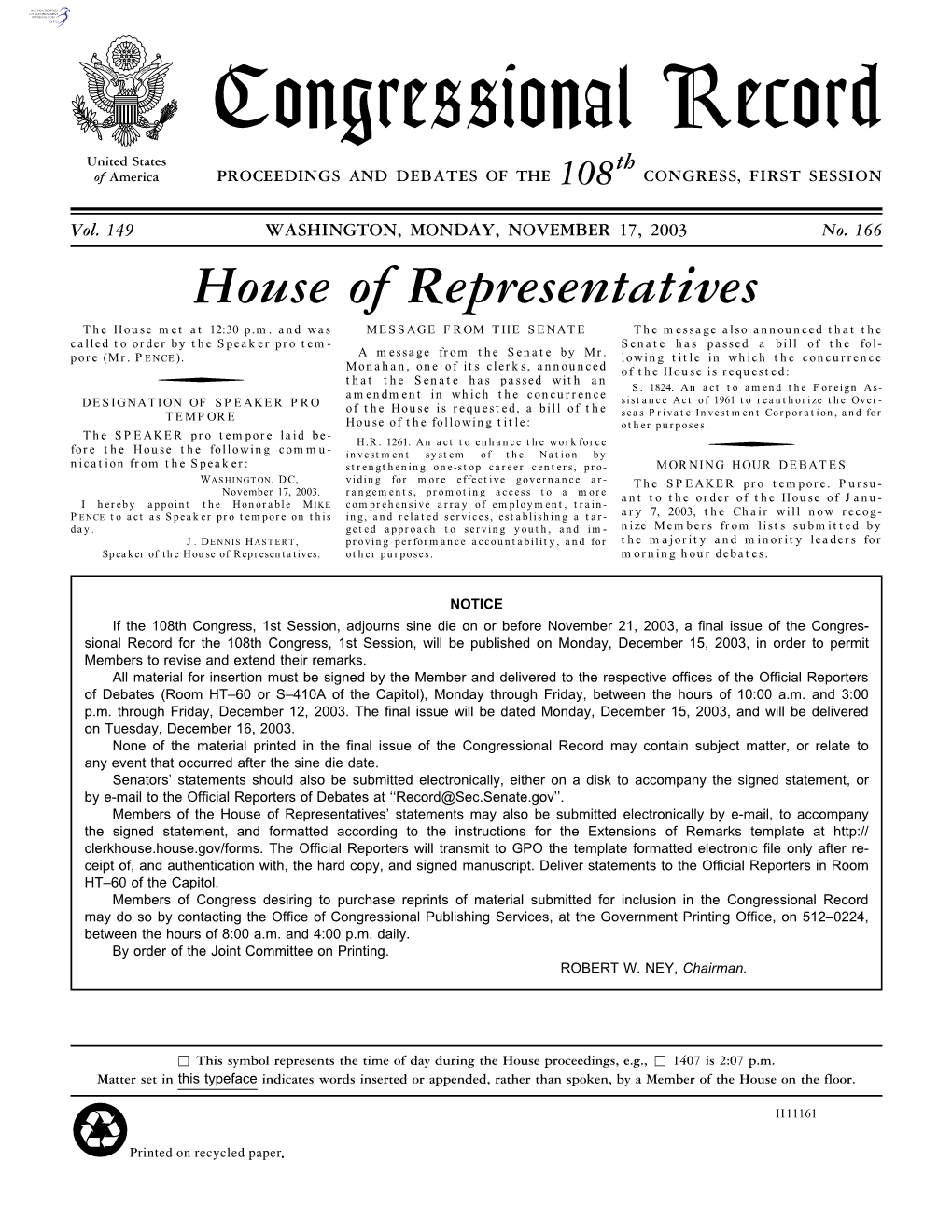 Congressional Record United States Th of America PROCEEDINGS and DEBATES of the 108 CONGRESS, FIRST SESSION