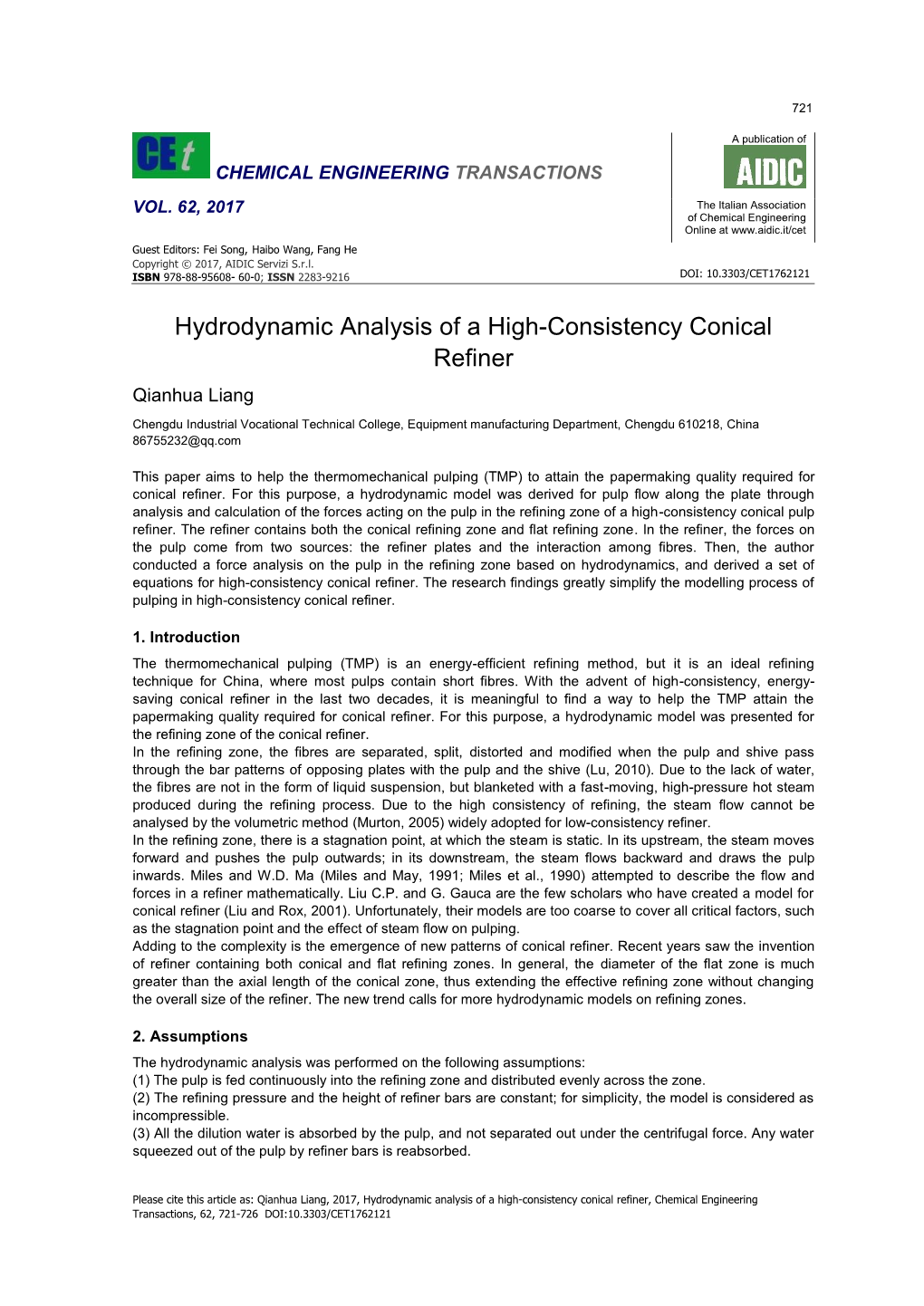 Hydrodynamic Analysis of a High-Consistency Conical Refiner