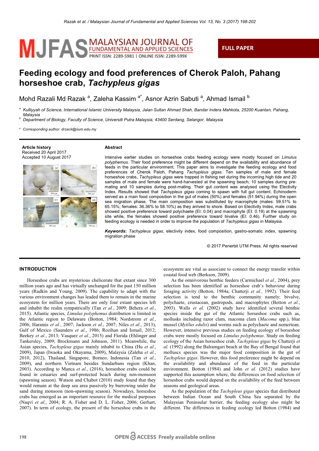 Feeding Ecology and Food Preferences of Cherok Paloh, Pahang Horseshoe Crab, Tachypleus Gigas