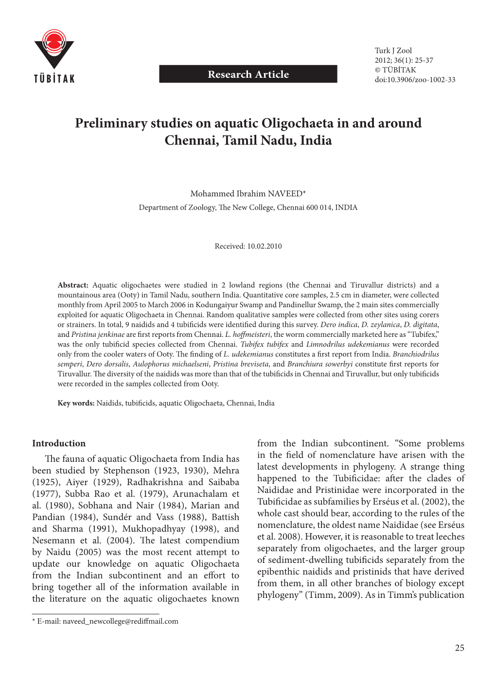 Preliminary Studies on Aquatic Oligochaeta in and Around Chennai, Tamil Nadu, India