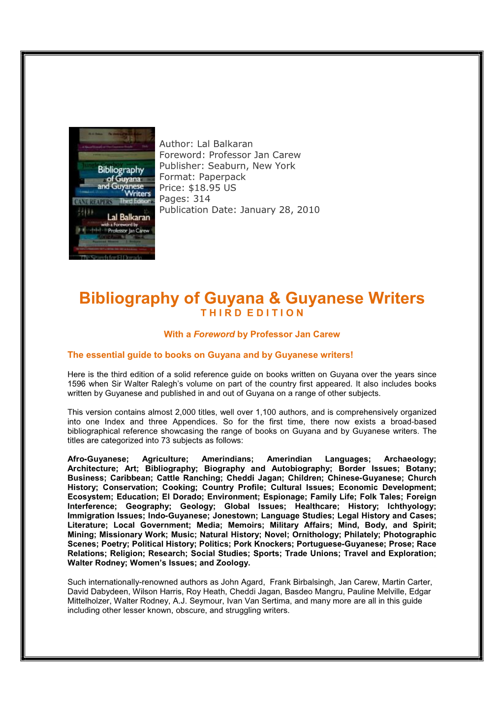 Bibliography of Guyana & Guyanese Writers