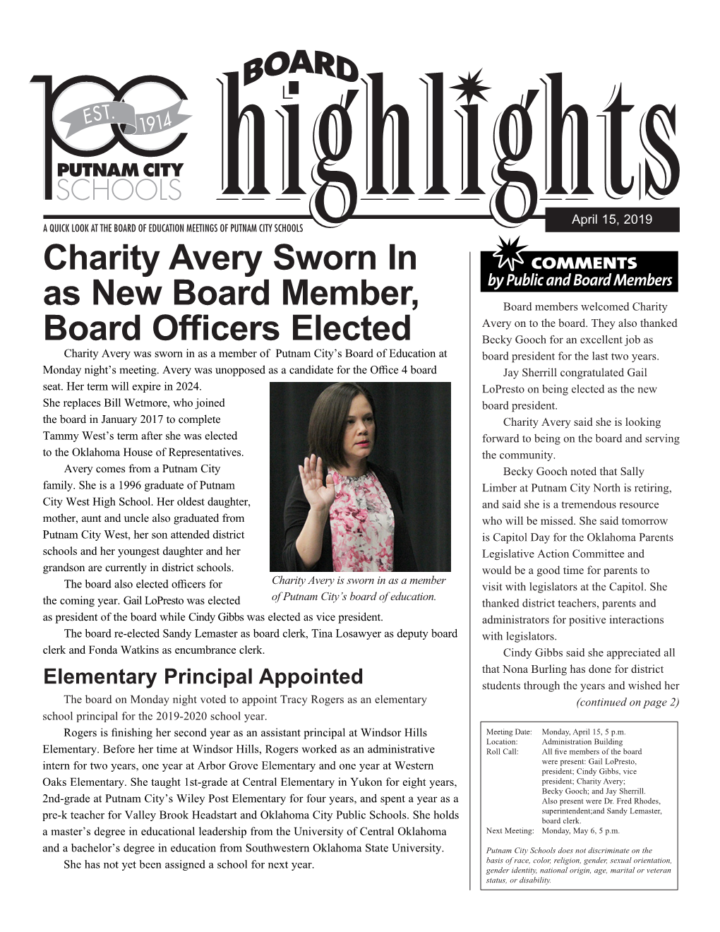 Charity Avery Sworn in As New Board Member, Board Officers Elected