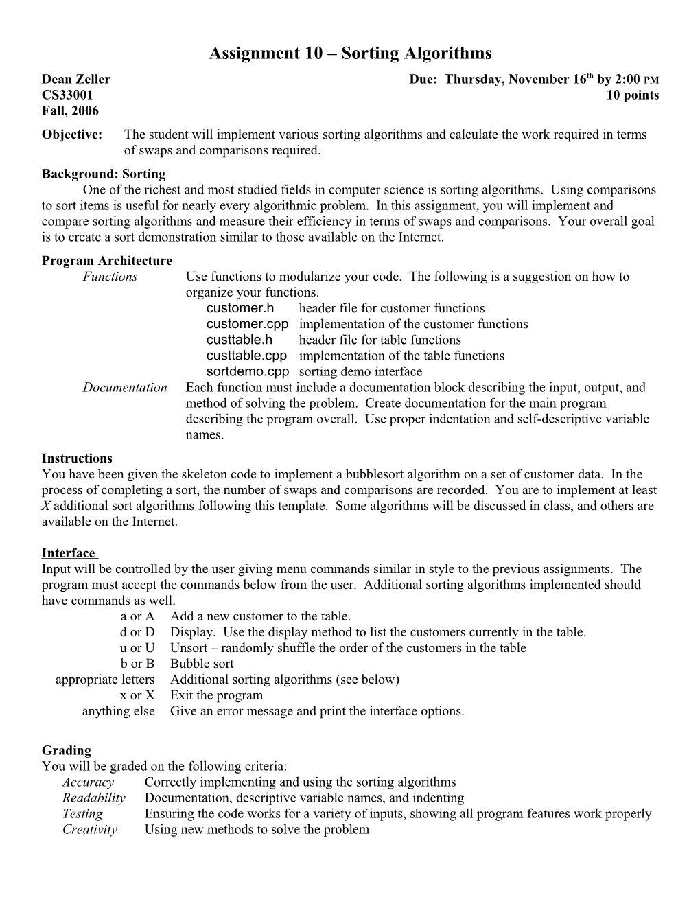 Assignment 10 Sorting Algorithms