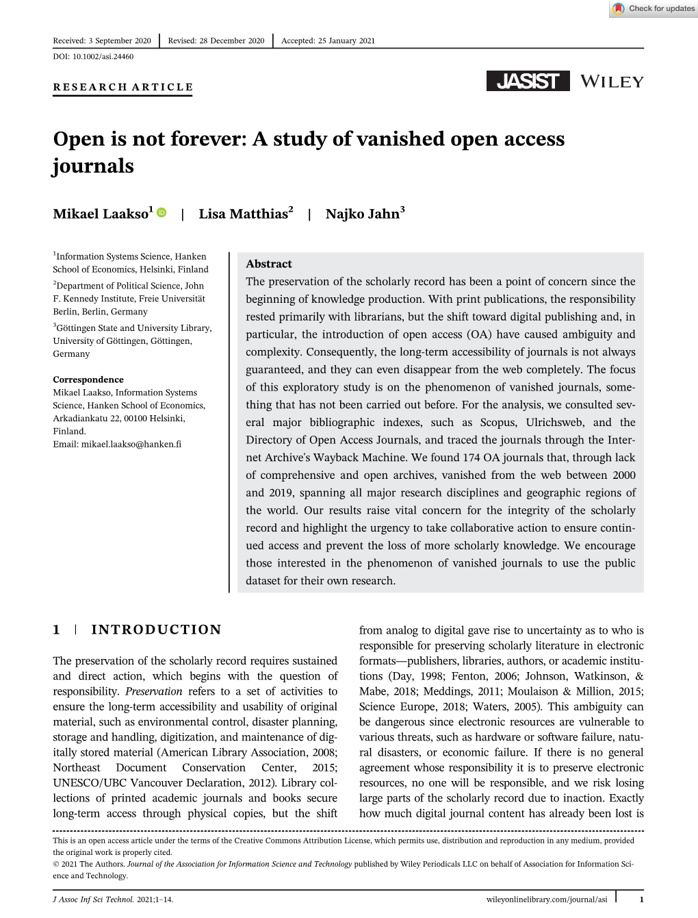 Open Is Not Forever: a Study of Vanished Open Access Journals