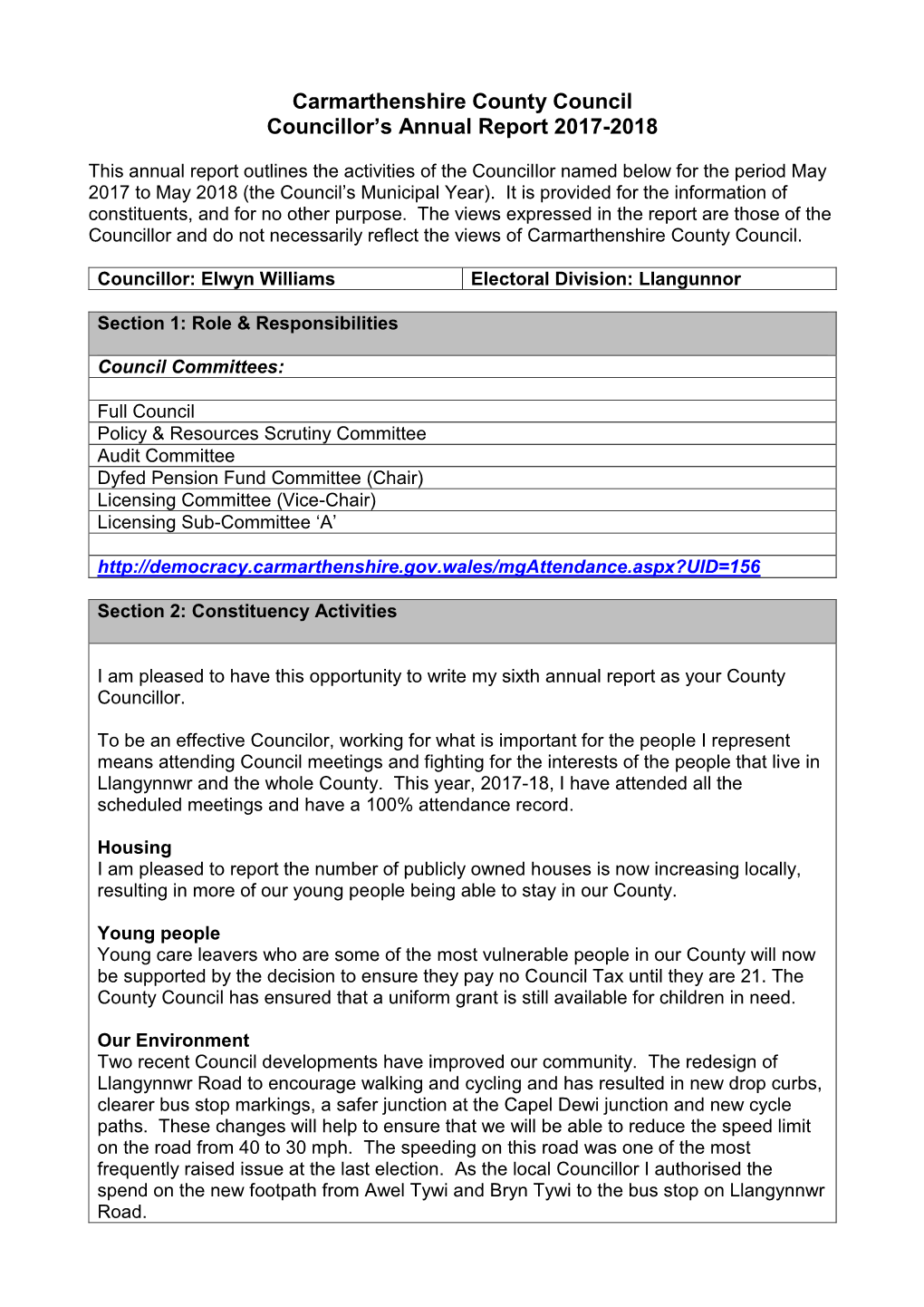 Carmarthenshire County Council Councillor's Annual Report 2017