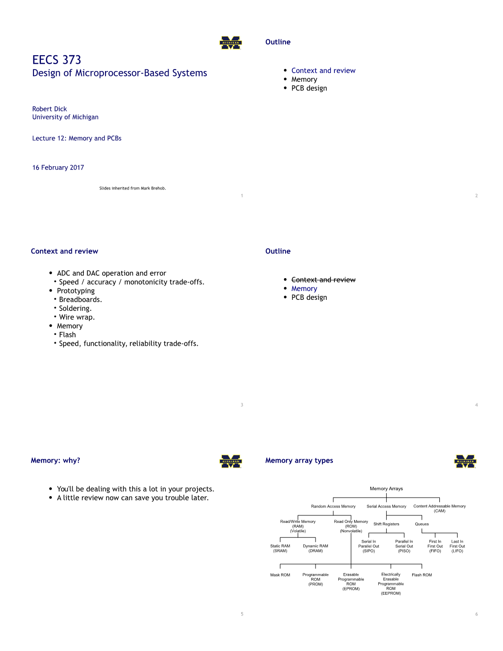 EECS 373 Design of Microprocessor-Based Systems • Context and Review • Memory • PCB Design