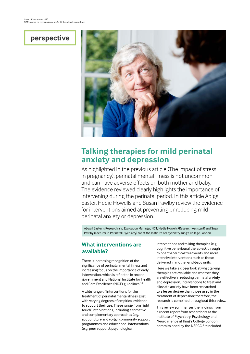 Talking Therapies for Mild Perinatal Anxiety and Depression