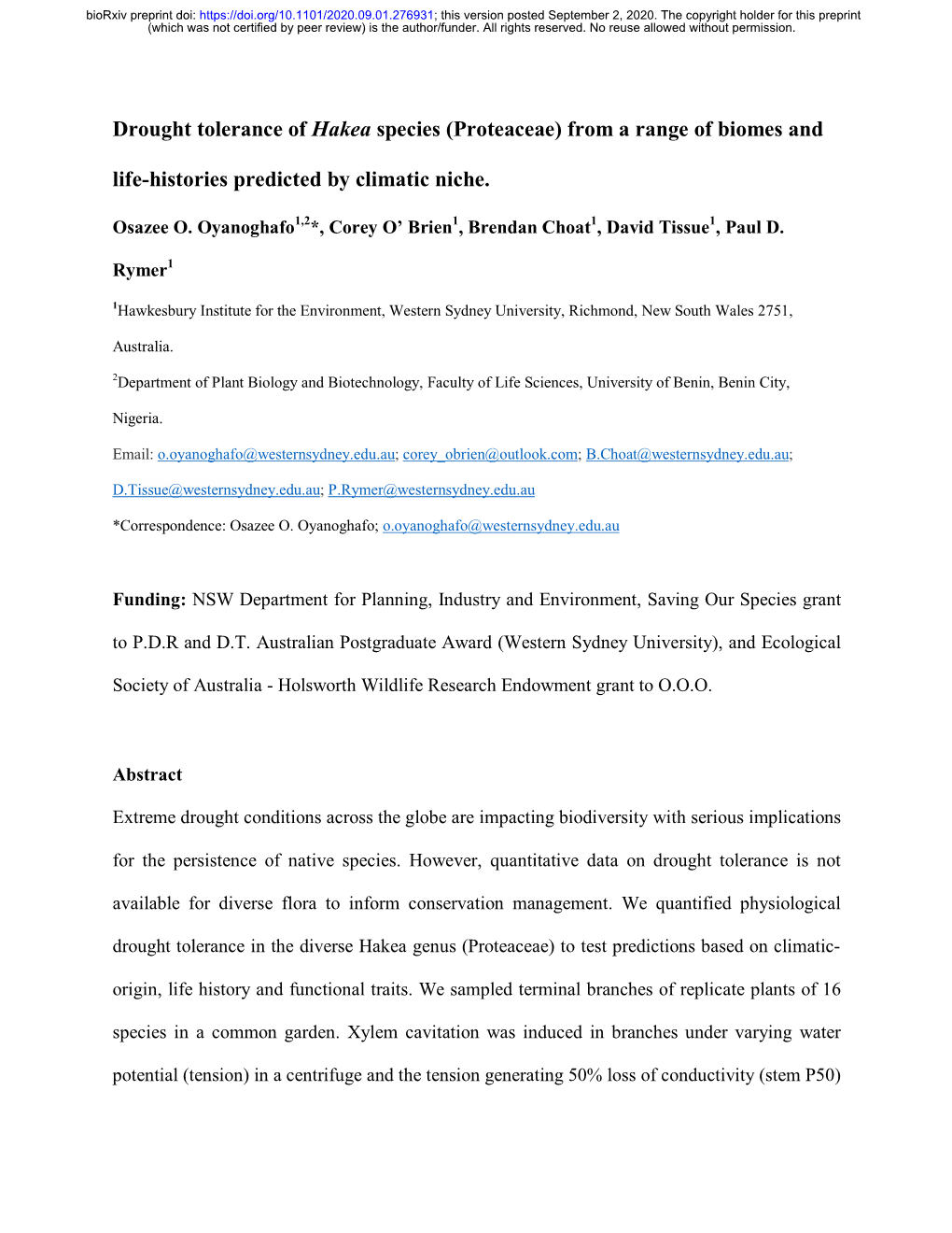 Drought Tolerance of Hakea Species (Proteaceae) from a Range of Biomes and Life-Histories Predicted by Climatic Niche