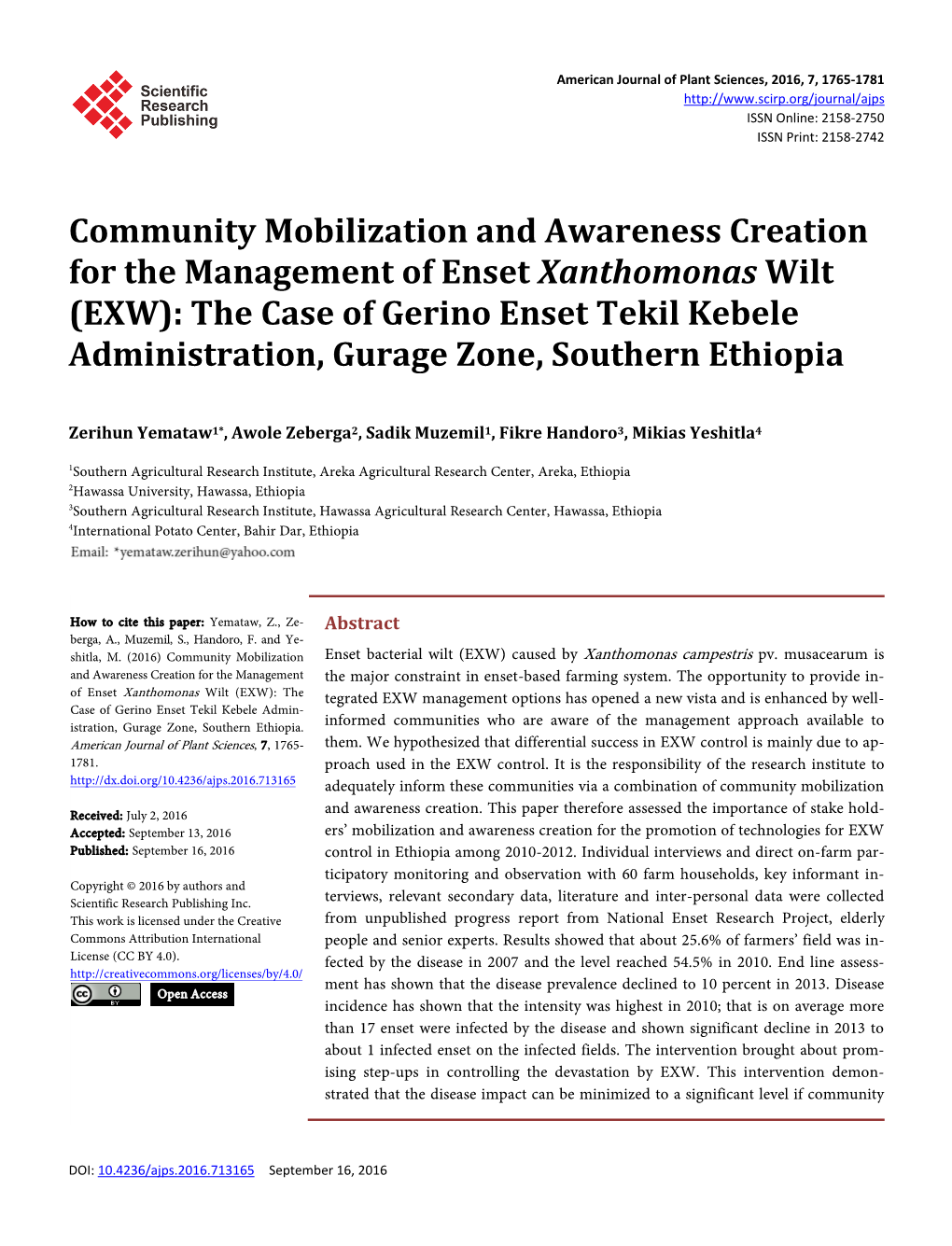 Community Mobilization and Awareness Creation for the Management of Enset Xanthomonas Wilt