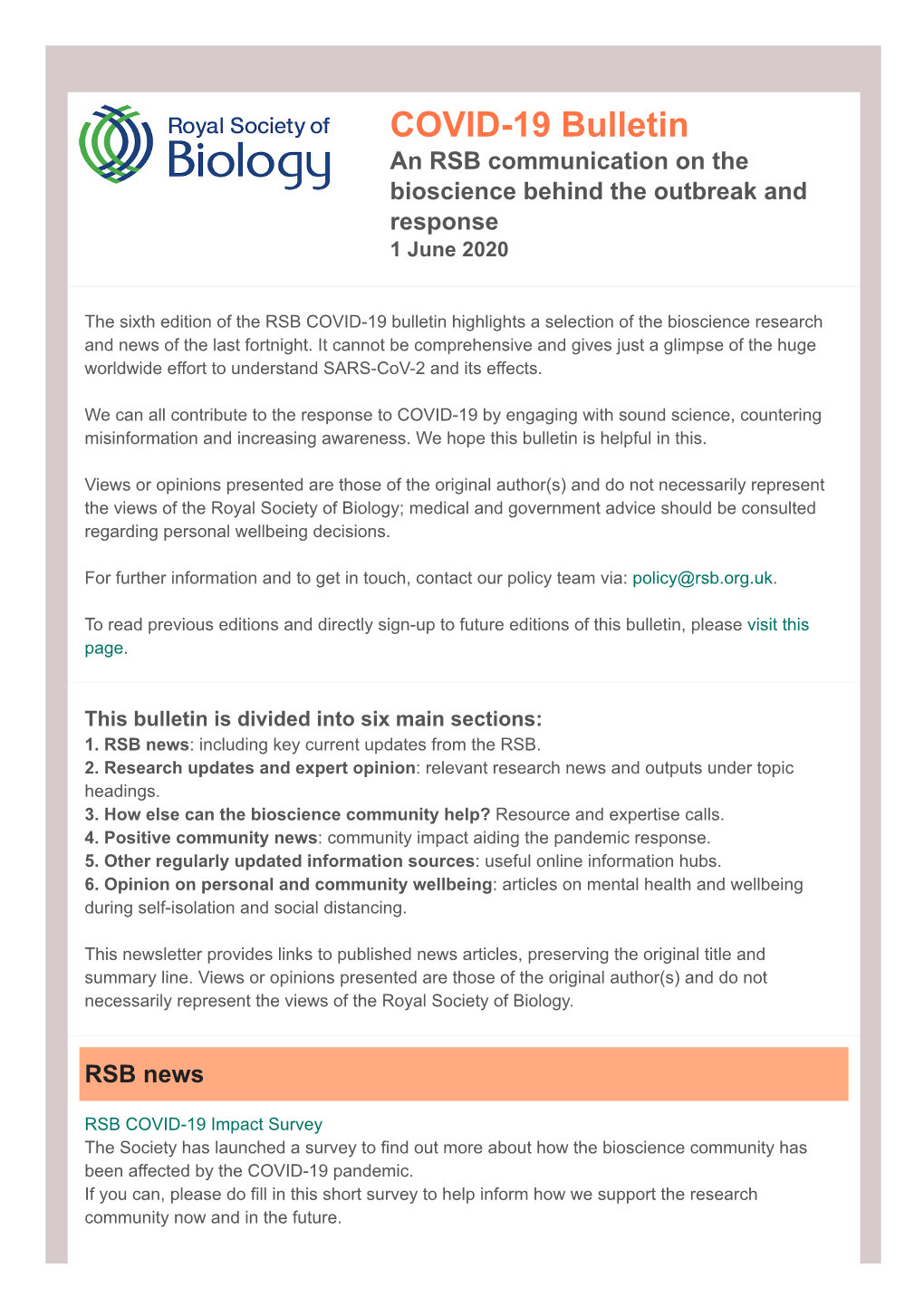 COVID-19 Bulletin an RSB Communication on the Bioscience Behind the Outbreak and Response 1 June 2020