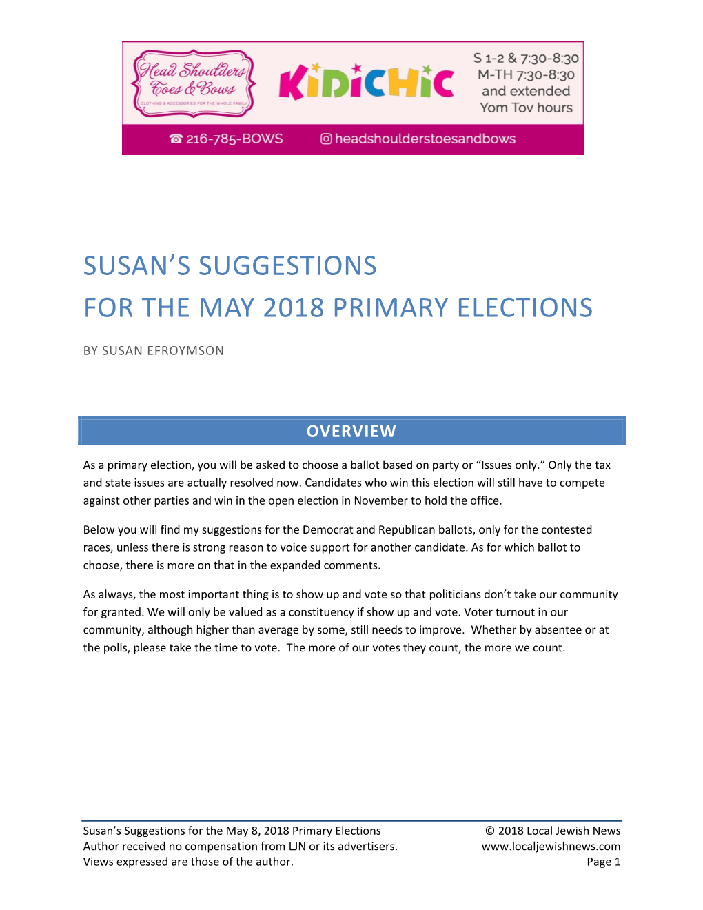 Susan's Suggestions for the May 2018 Primary Elections
