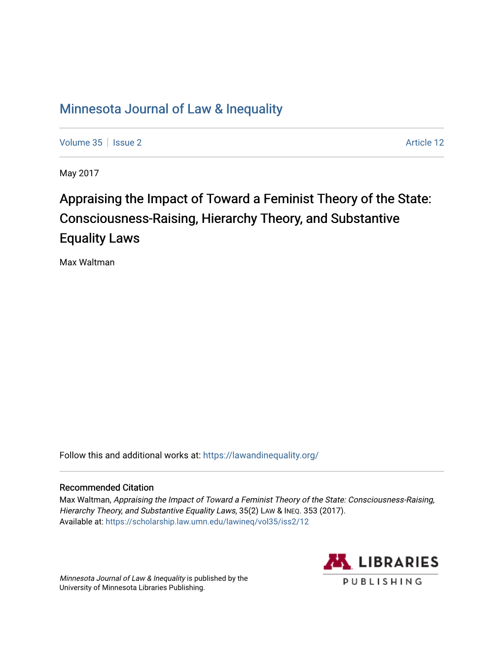 Appraising the Impact of Toward a Feminist Theory of the State: Consciousness-Raising, Hierarchy Theory, and Substantive Equality Laws