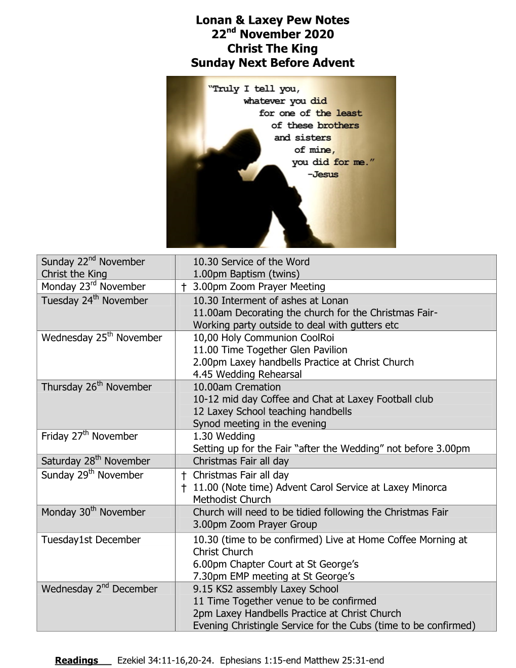 Lonan & Laxey Pew Notes 22Nd November 2020 Christ the King