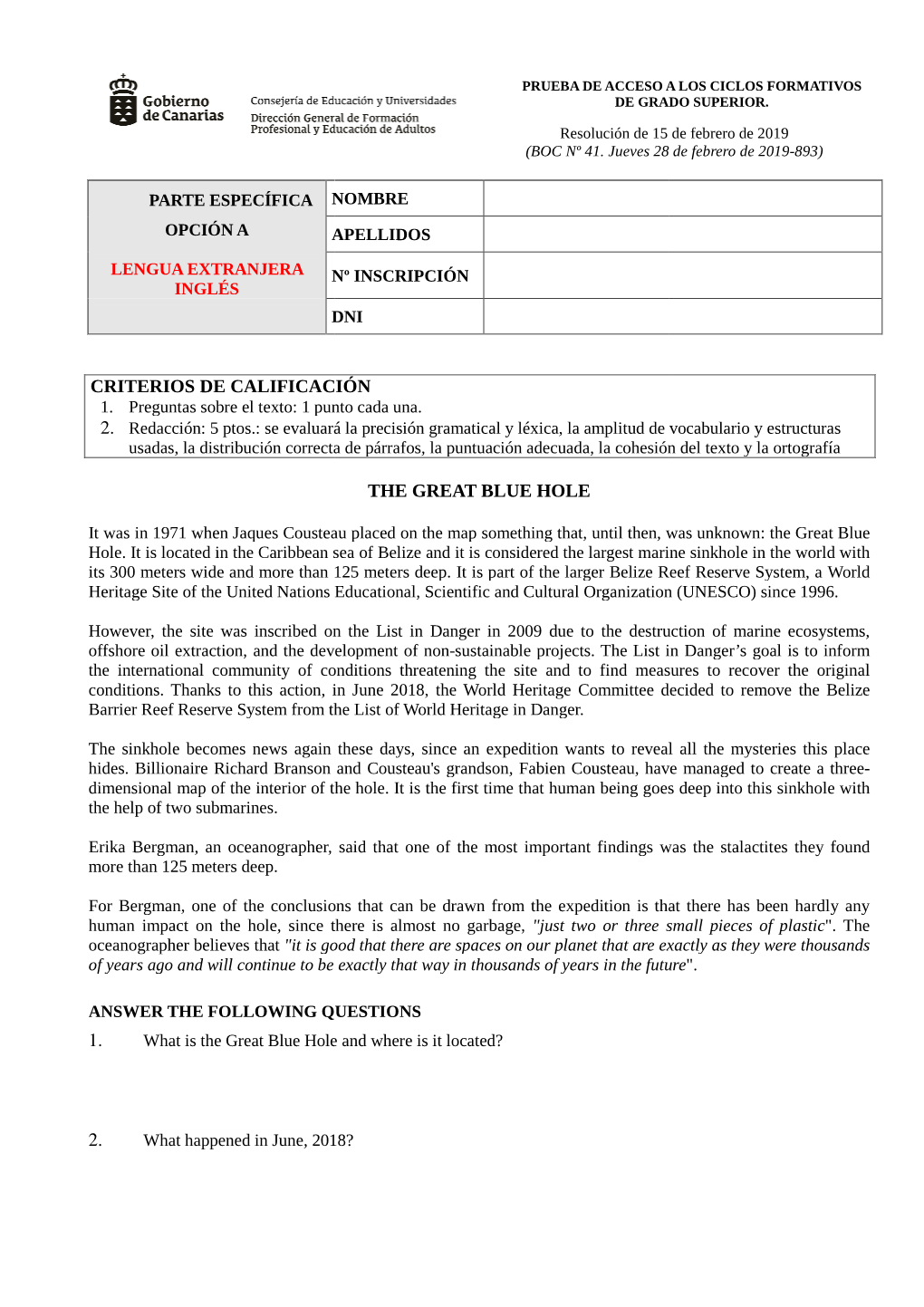 Criterios De Calificación 1. 2. Alificación the Great Blue Hole