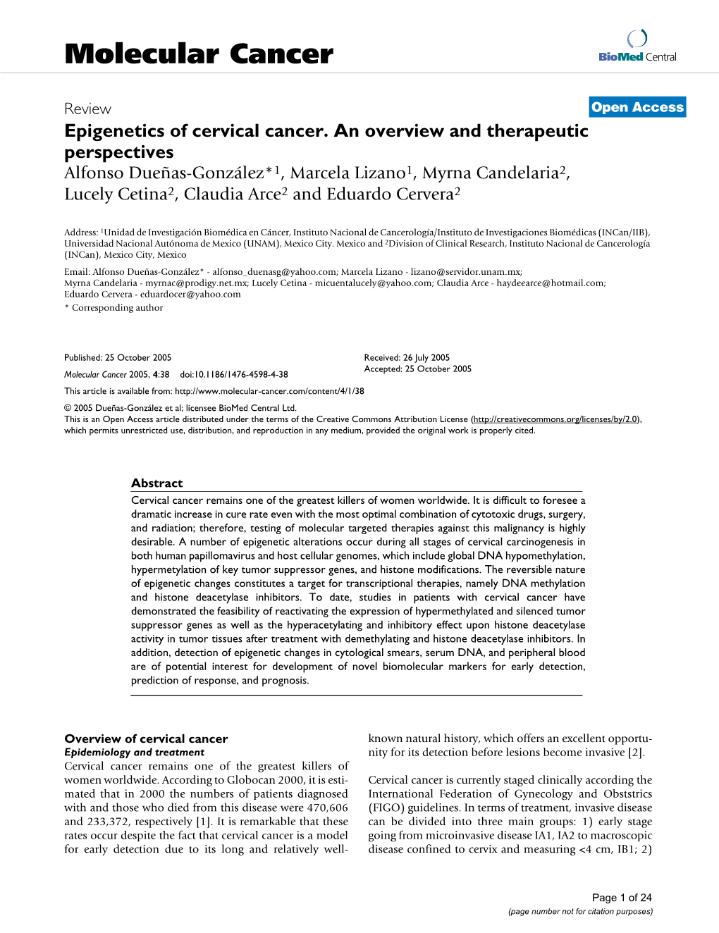 View Open Access Epigenetics of Cervical Cancer